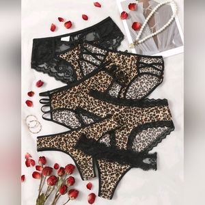 6pk Contrast Lace Black Leopard Print Panties